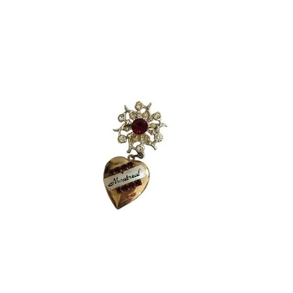 Vintage Montreal‎ Canada Jewelry Brooch Heart Locket Pin Brooch Red Clear Dangle